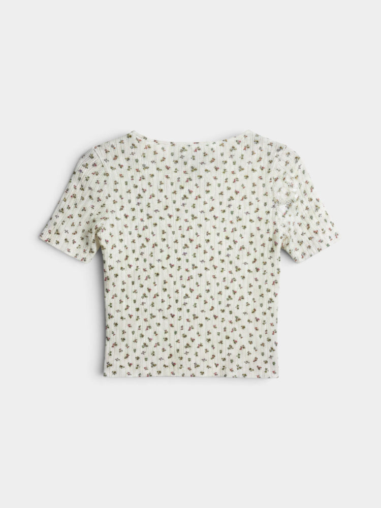 Ivory Floral Ribbed Cotton Cropped Button-Front Blouse