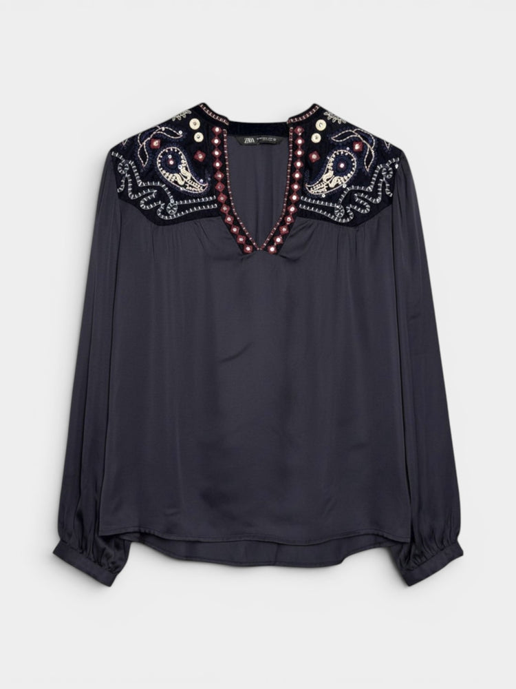 Navy Satin Embellished Yoke Boho Blouse