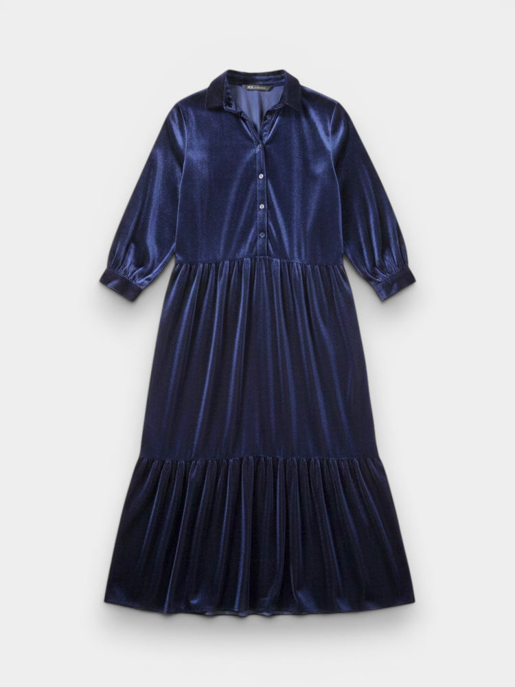 Navy Velvet Tiered Maxi Shirtdress