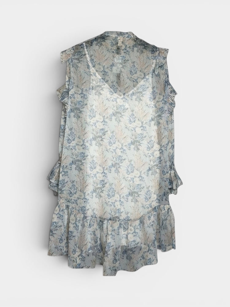 Blue Floral Chiffon Ruffle Mini Dress
