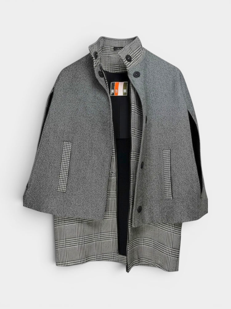 Gray Wool Blend Mixed Plaid Cape Coat