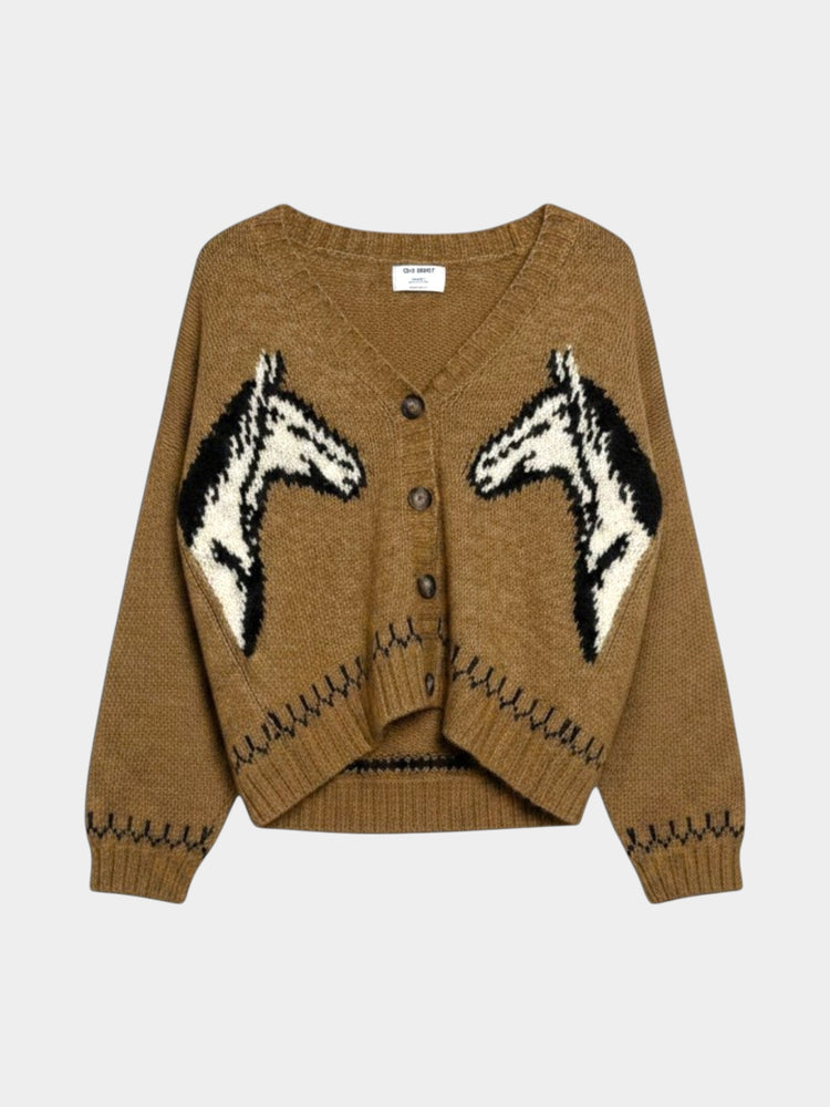 Camel Brown Horse Intarsia Knit Cardigan