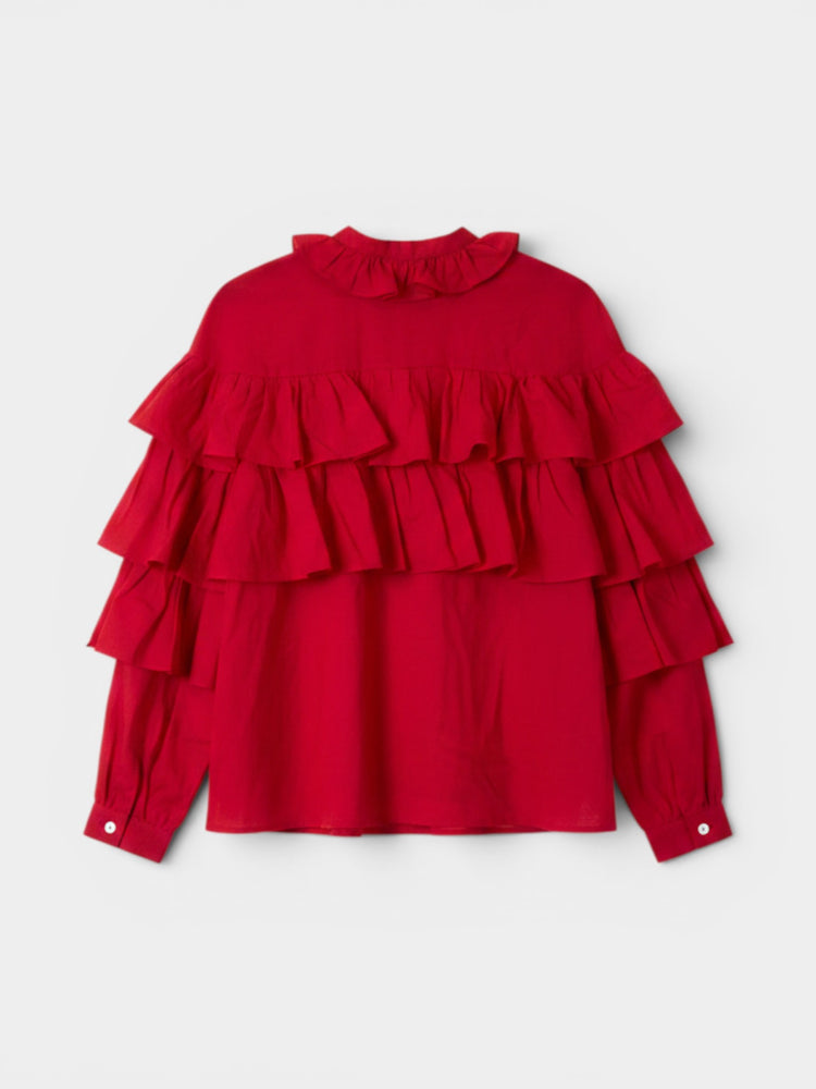Red Tiered Ruffle Long-Sleeve Button-Down Blouse