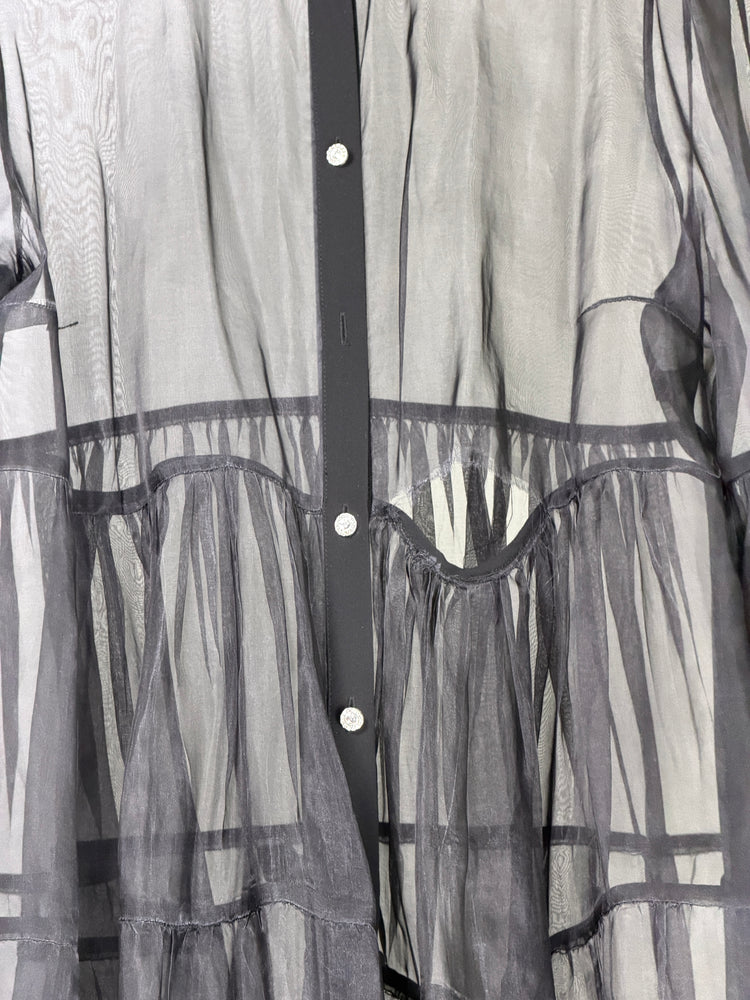 Sheer Black Tiered Maxi Dress with Balloon Sleeves and Button Front
