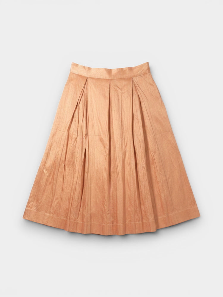 Peach Rose Gold Iridescent Pleated Midi A-Line Skirt
