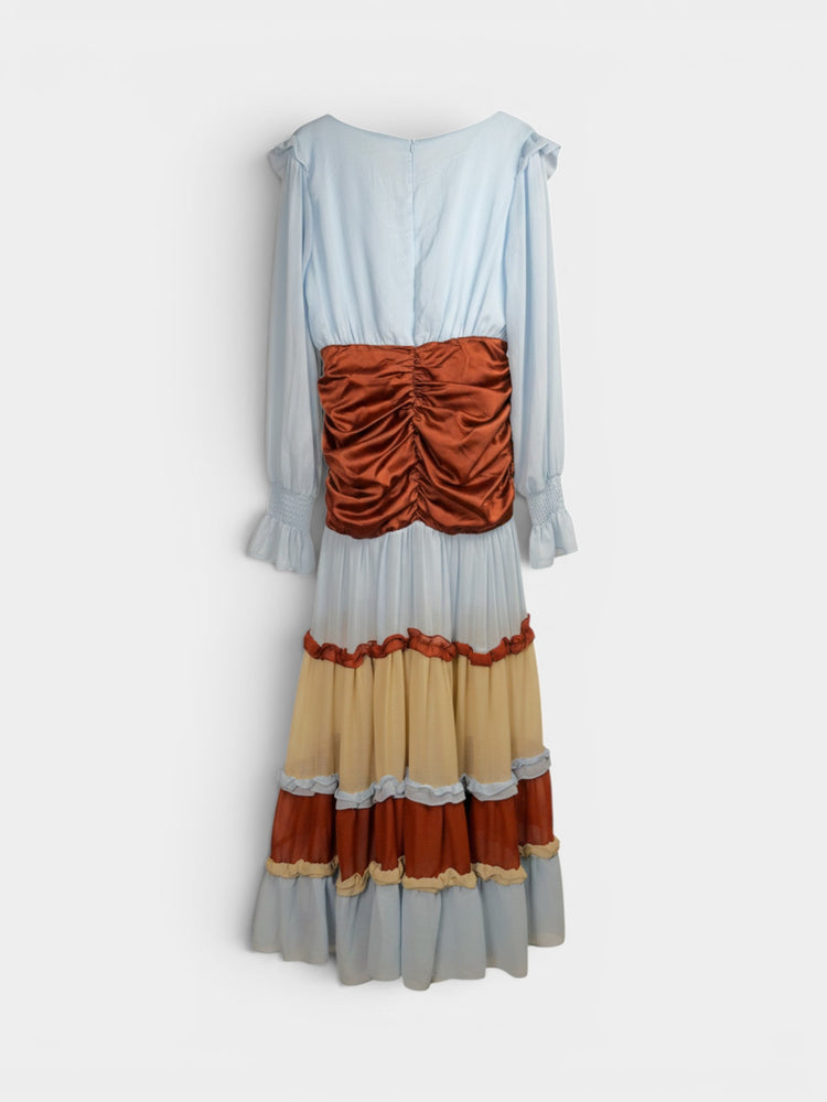 Light Blue Rust Colorblock Ruched Tiered Maxi Dress