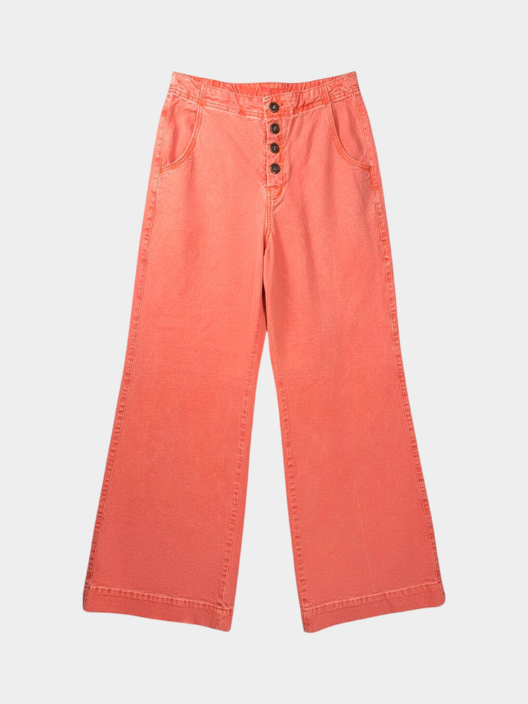 Coral Wide-Leg Denim Pants with Button Fly
