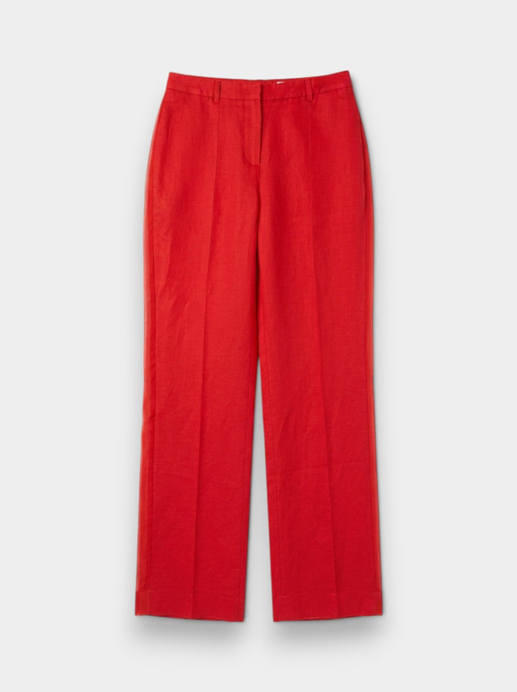 Red Linen Blend High-Waist Straight-Leg Trousers