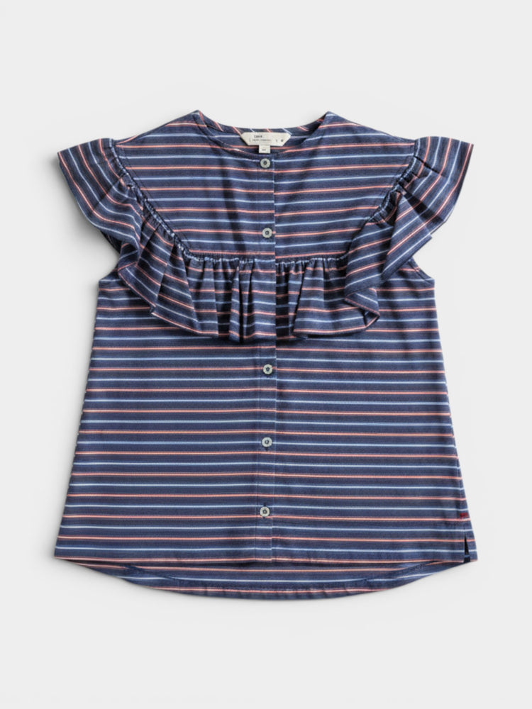 Navy Striped Ruffle Blouse