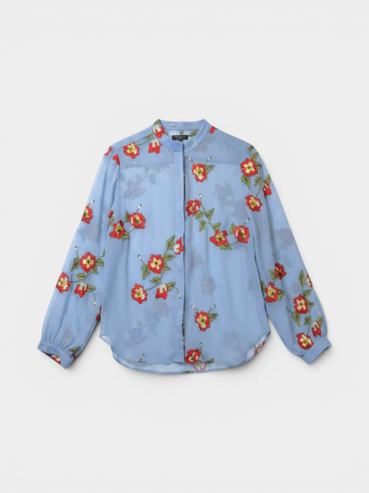 Blue Floral Embroidered Semi-Sheer Long Sleeve Blouse