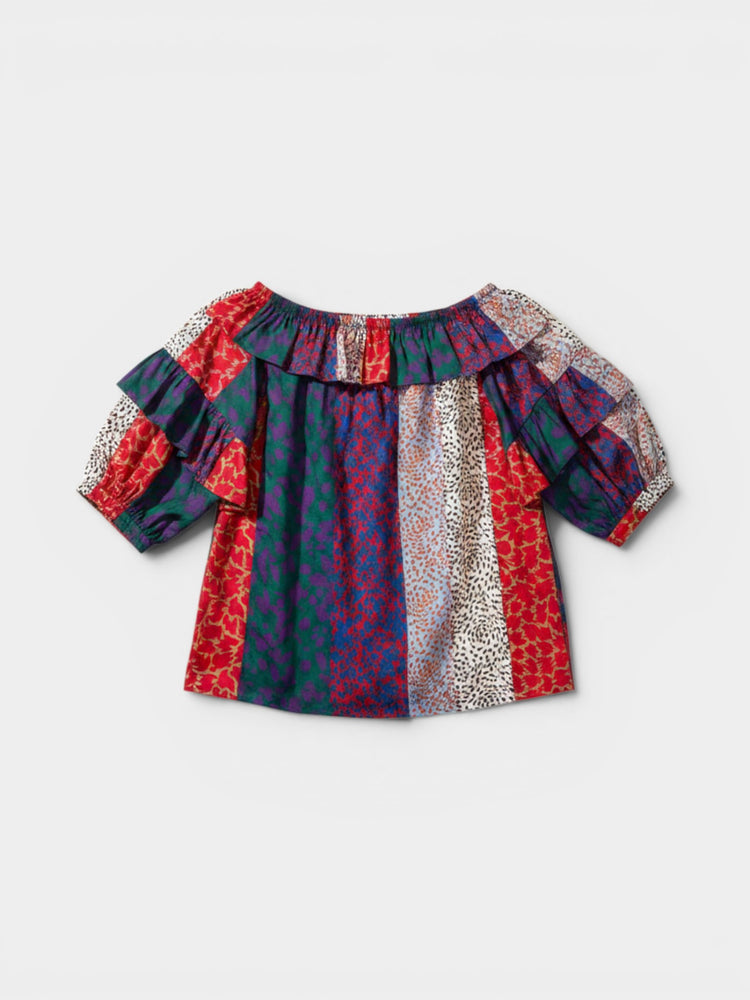 Patchwork Print Ruffle Blouse