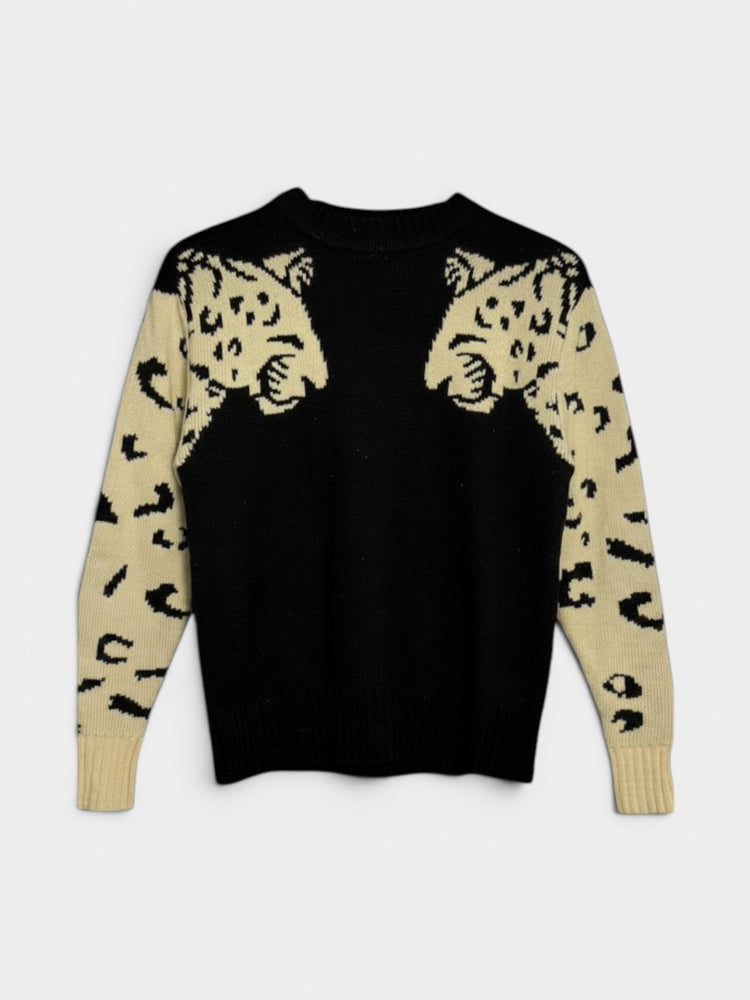 Leopard Intarsia Graphic Knit Crew Neck Sweater
