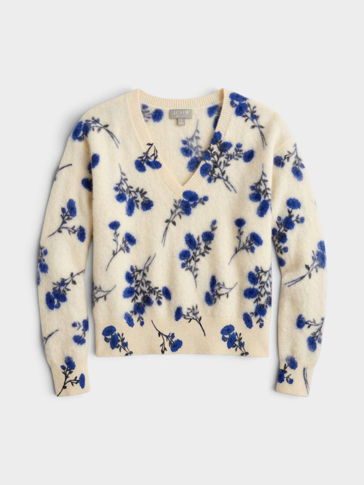 Cashmere Ivory Floral V-Neck Sweater