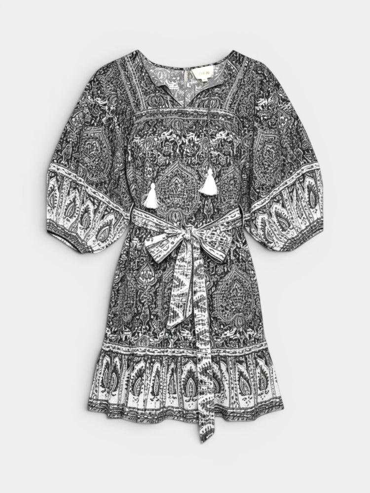 Paisley Print Mini Dress with Tassel Detail and Tie Waist