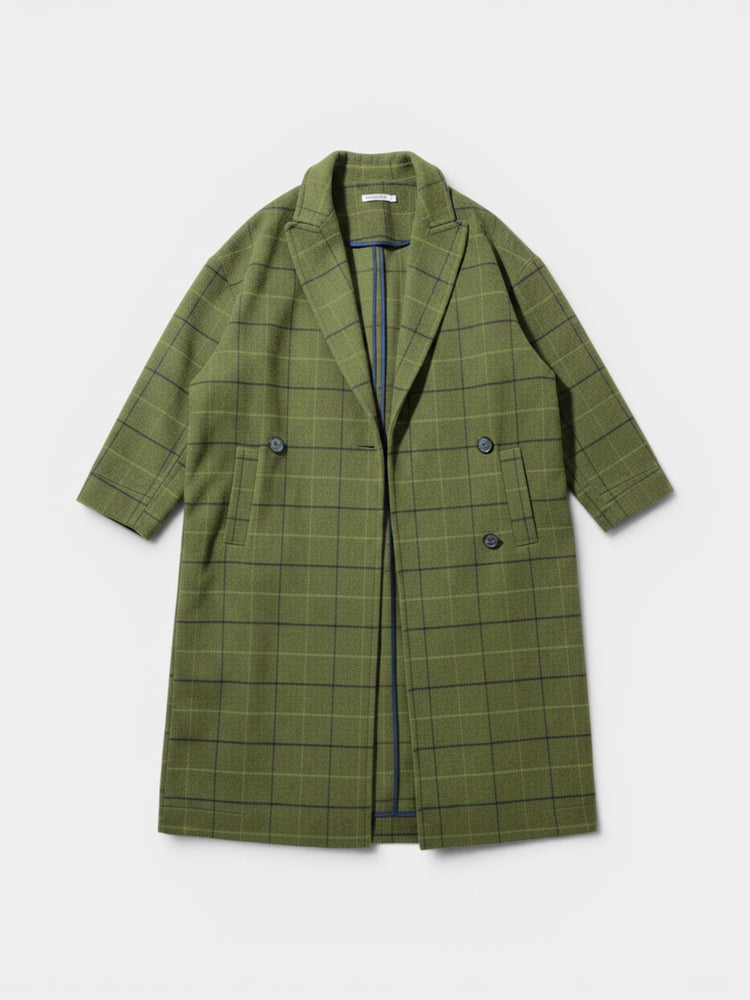 Green Windowpane Plaid Belted Wool Blend Coat