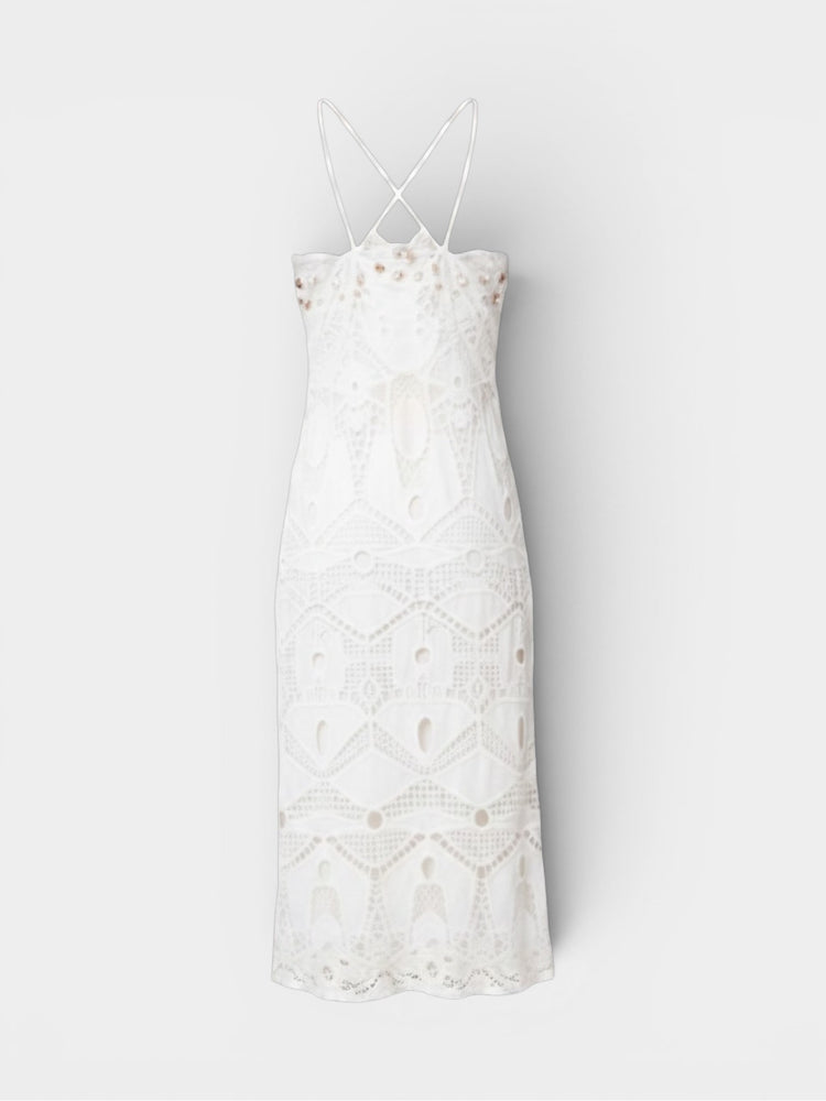 White Lace Crochet Halter Midi Dress