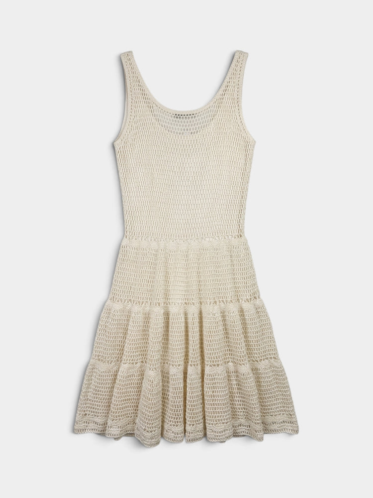 Off-White Crochet Knit Sleeveless Tiered Mini Dress