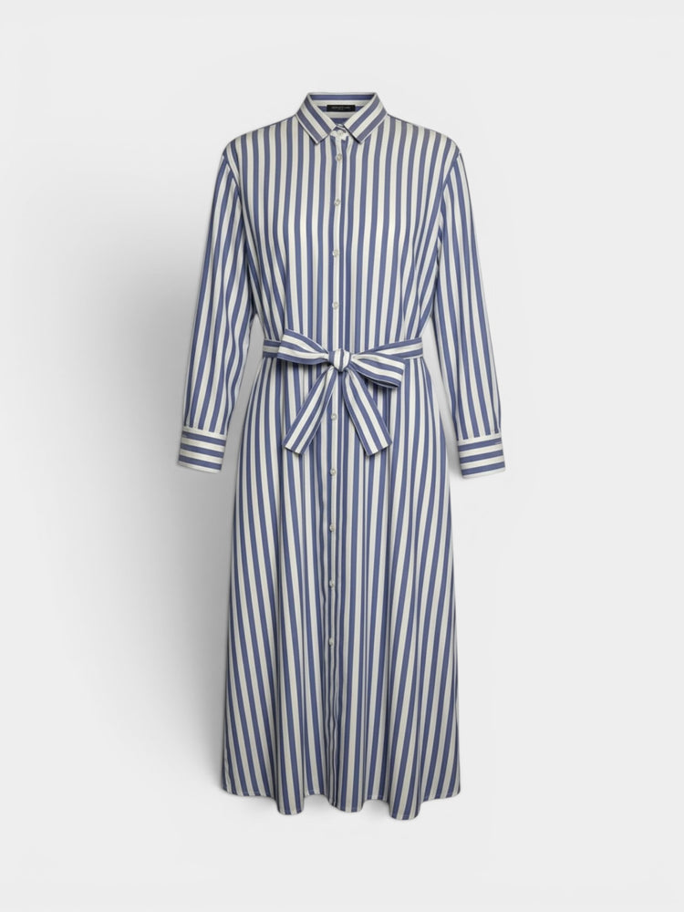 Striped Long-Sleeve Belted Midi Shirtdress