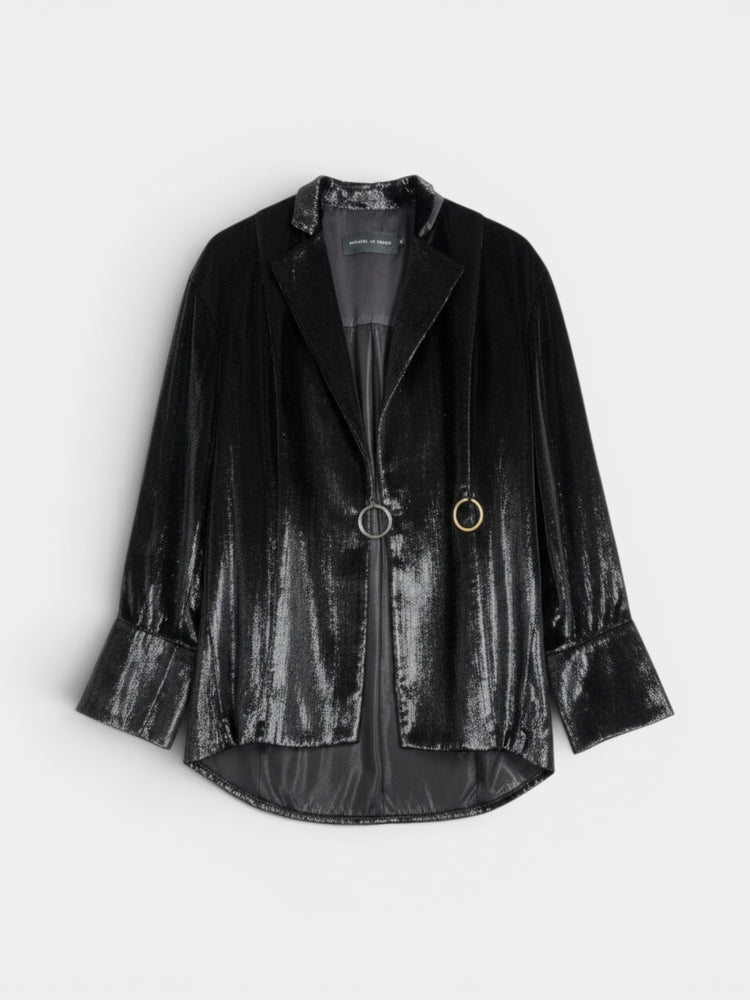 Black Iridescent Velvet Blazer Jacket with O-Ring Hardware