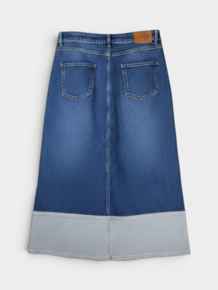 Blue Two-Tone Denim Maxi Skirt with Patch Pockets