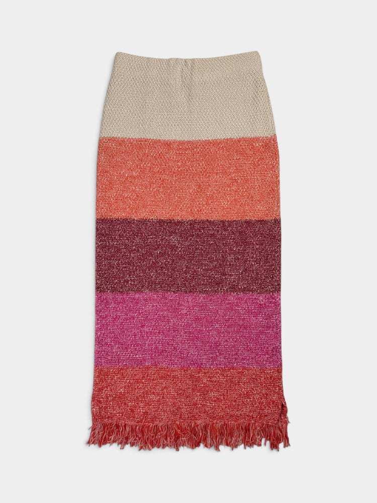 Striped Cotton Knit Fringed Midi Skirt