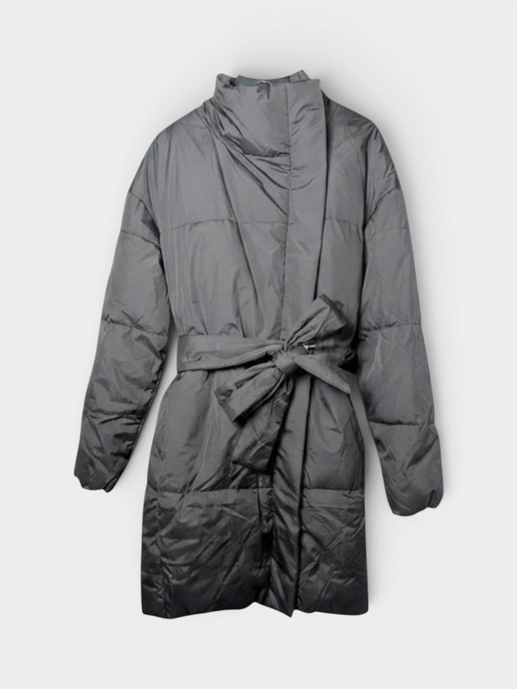 Black Quilted Belted Puffer Wrap Coat