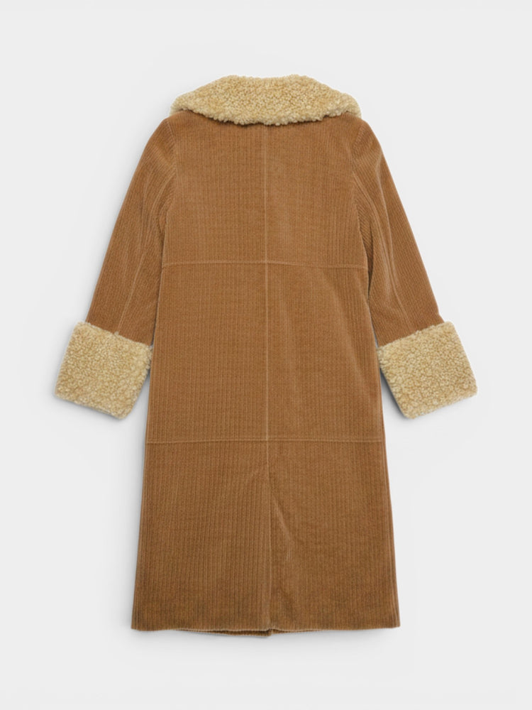 Tan Corduroy Maxi Coat with Faux Shearling Trim