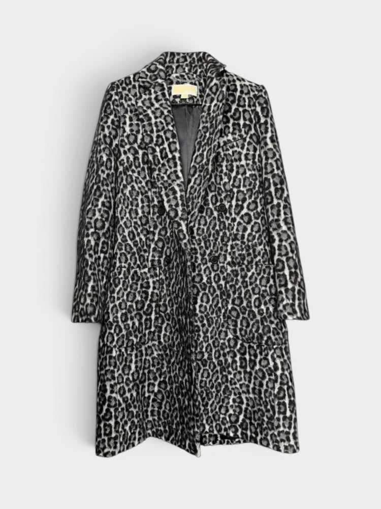 Gray Leopard Print Wool Blend Double-Breasted Coat