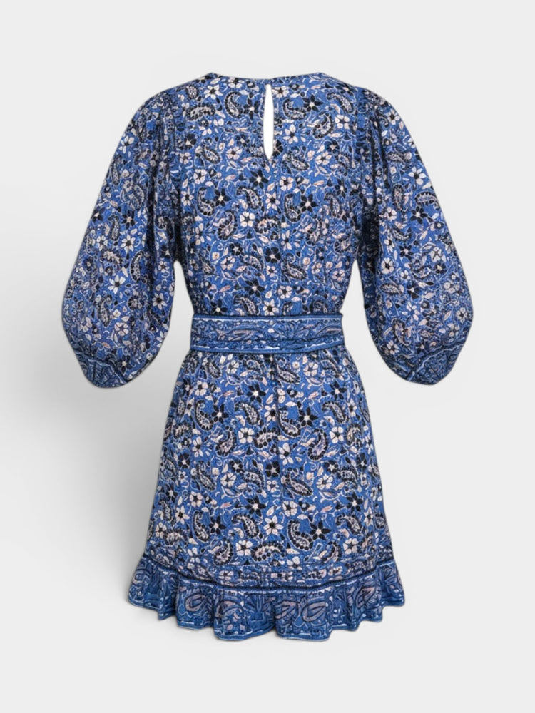 Blue Paisley Floral Print Dress with Tie Belt
