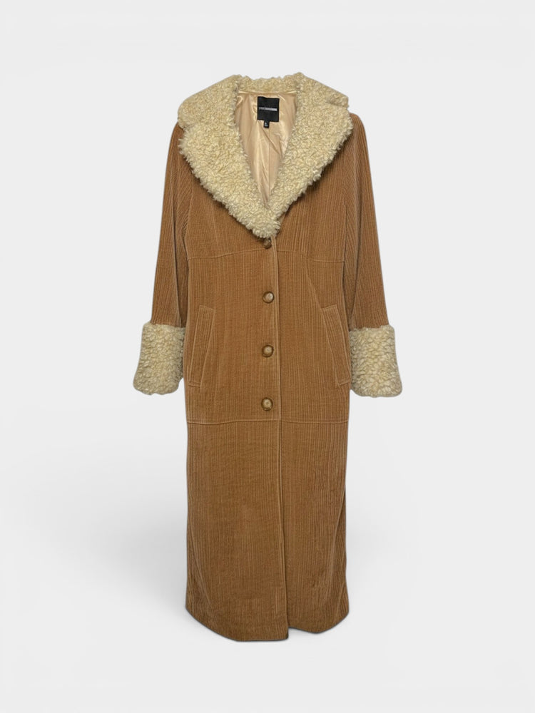 Tan Corduroy Maxi Coat with Faux Shearling Trim