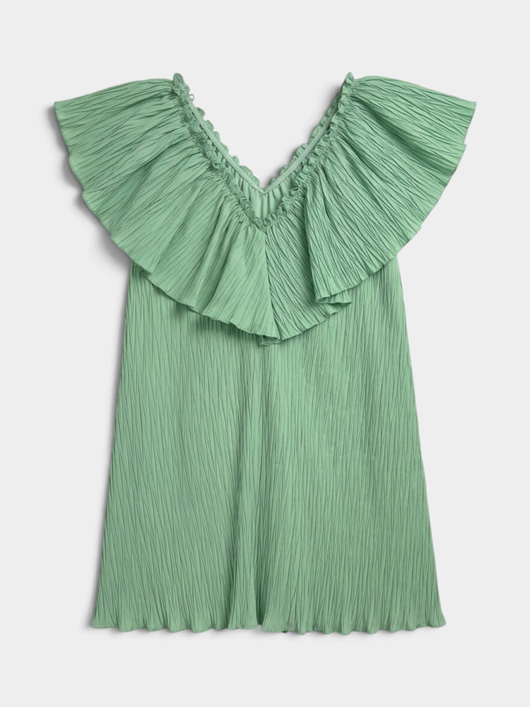 Green Voluminous Pleated Mini Dress