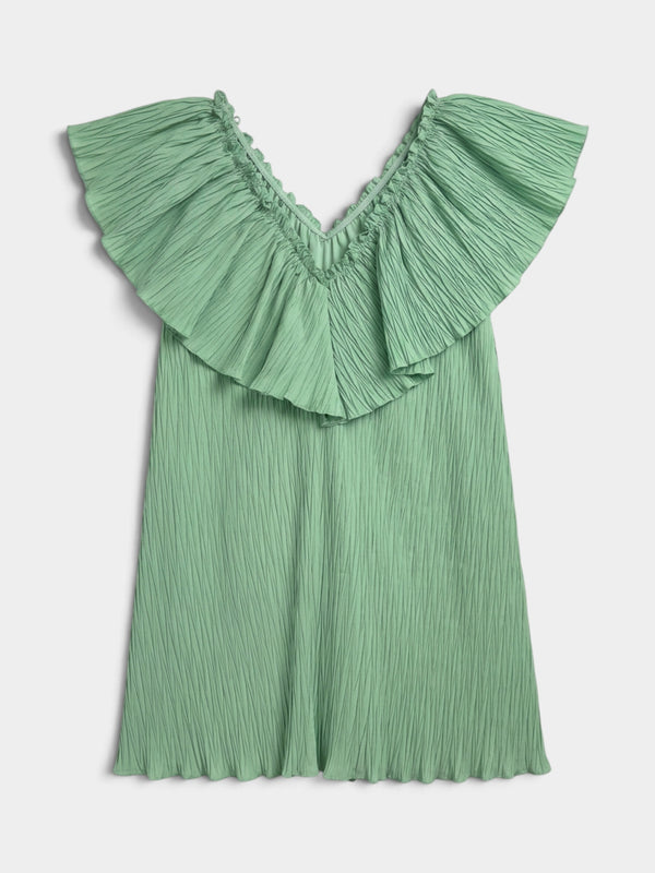 Green Voluminous Pleated Mini Dress
