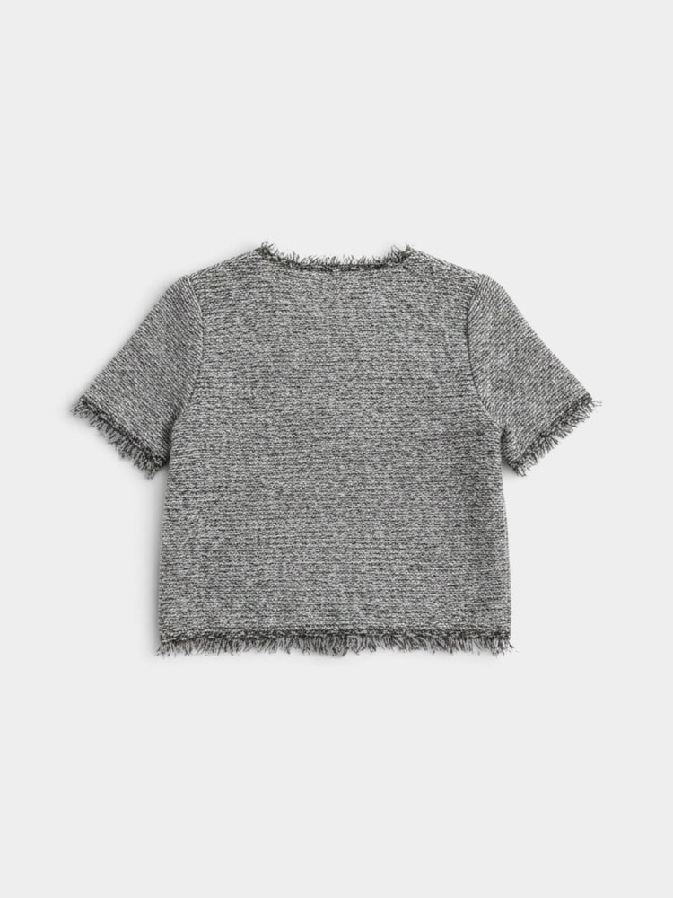 Bouclé Short-Sleeve Fringe Cardigan