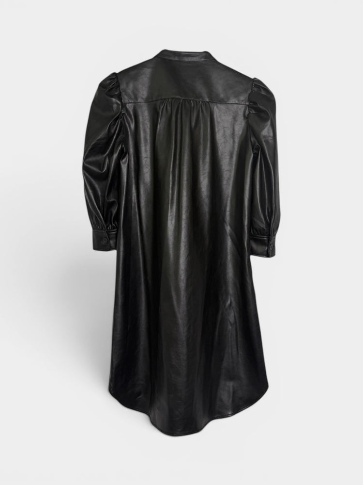 Black Faux Leather Puff Sleeve Midi Shirt Dress