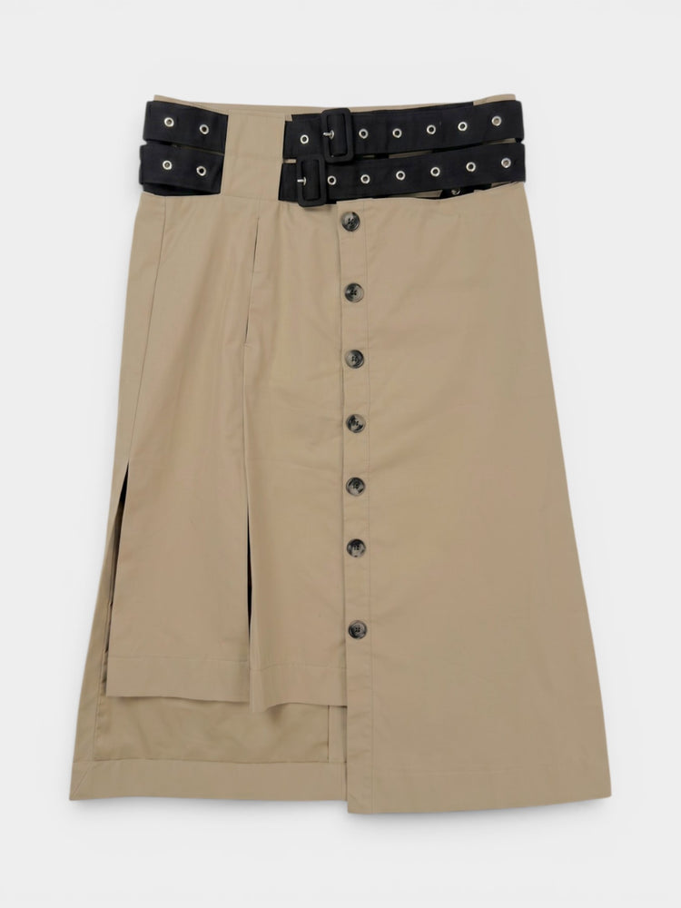 Beige Cotton Belted Midi Wrap Skirt