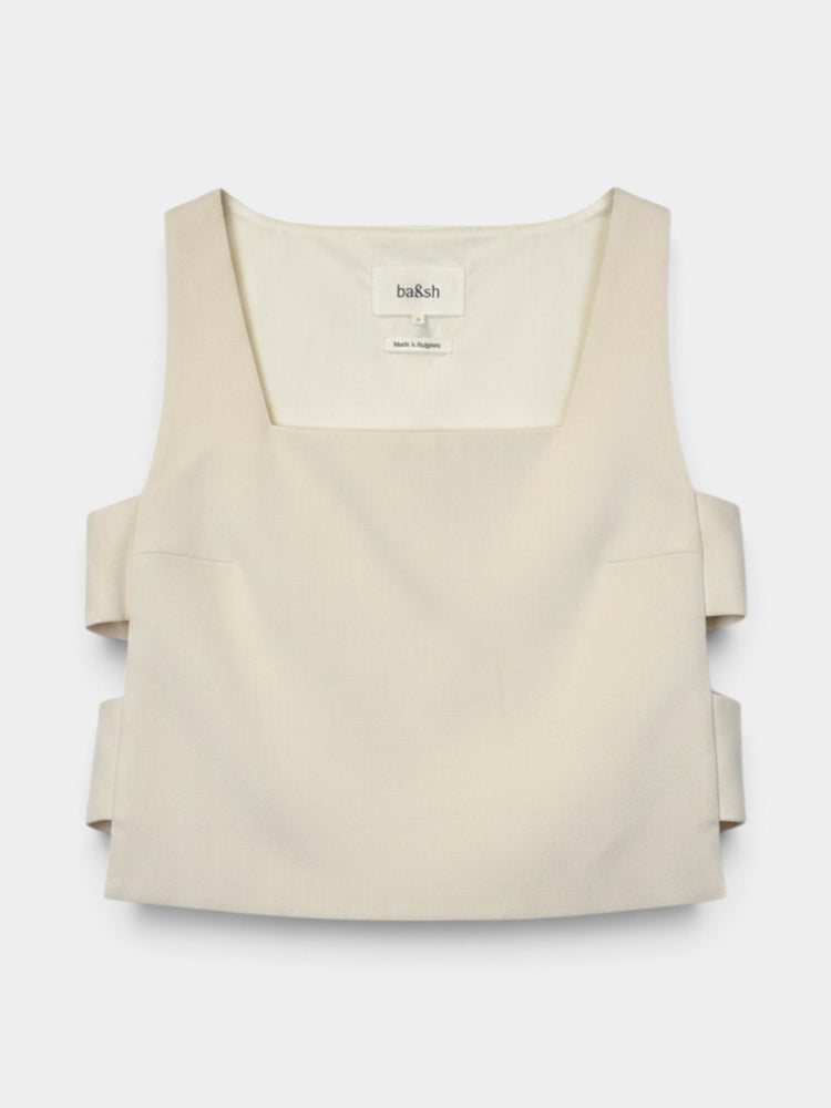 Cream Structured Cropped Square-Neck Tank Top with Side Cut-Outs