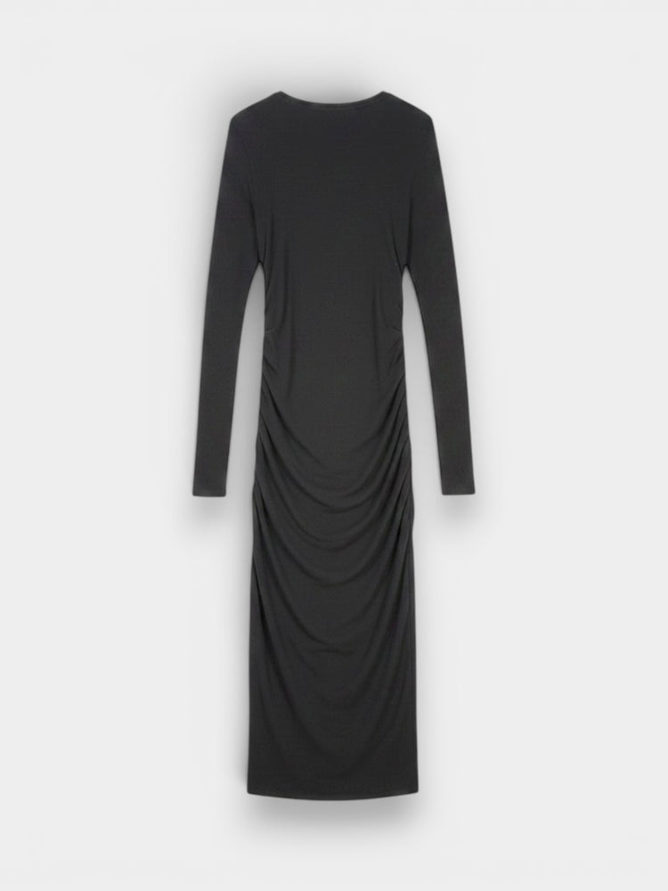 Black Long-Sleeve Ruched Midi Bodycon Dress