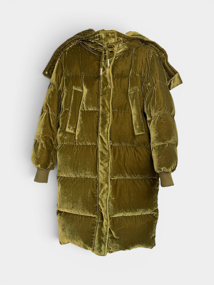 Olive Velvet Long Quilted Puffer Coat
