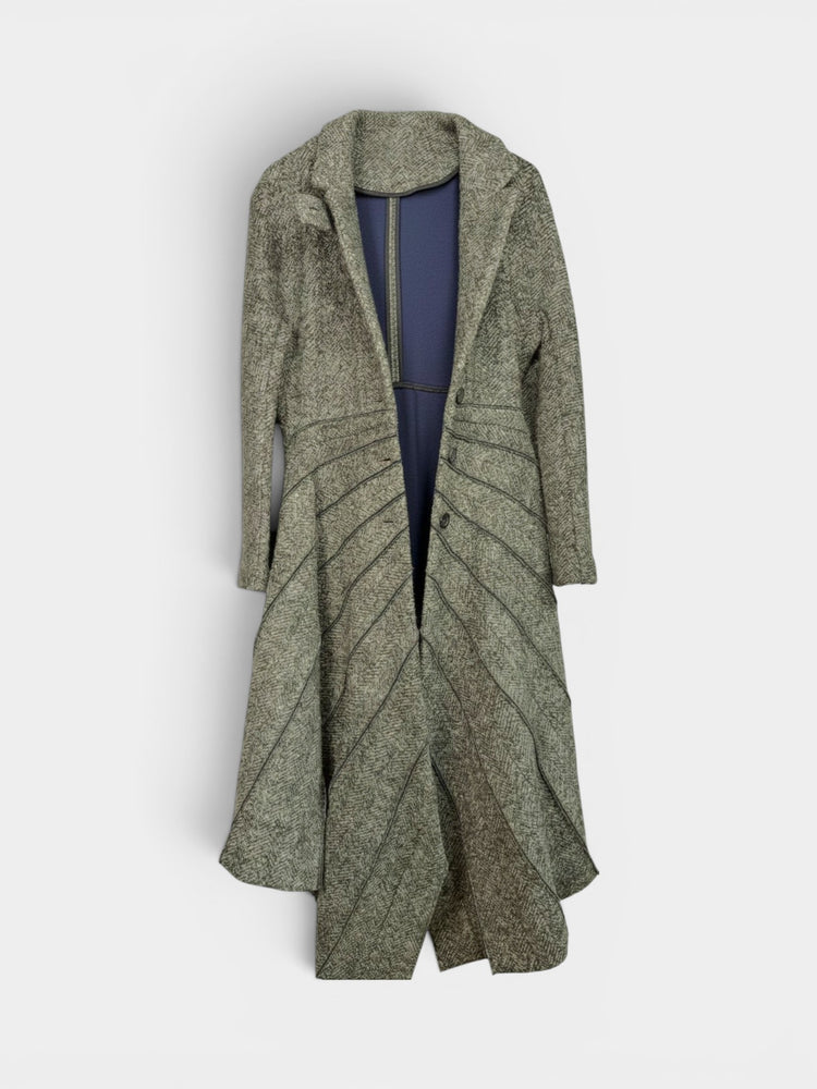 Grey Herringbone Wool-Blend Sculptural Panel Longline Coat
