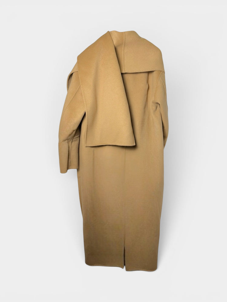 Camel Wool Longline Coat with Scarf Collar