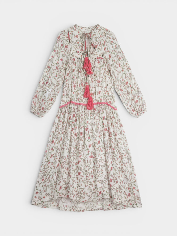 Ivory Floral Maxi Dress with Tassel Ties