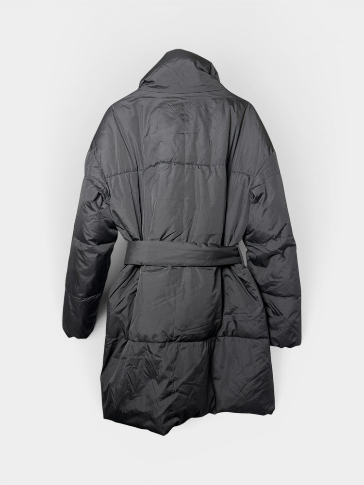 Black Quilted Belted Puffer Wrap Coat