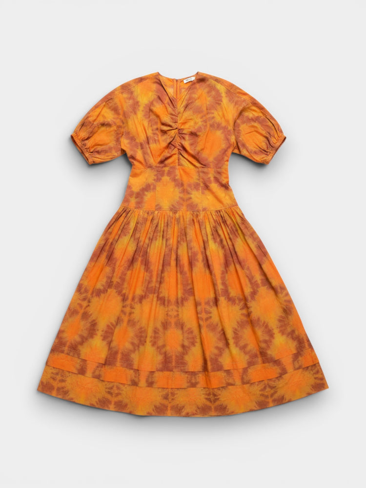 Orange Tie-Dye Midi Puff Sleeve Dress