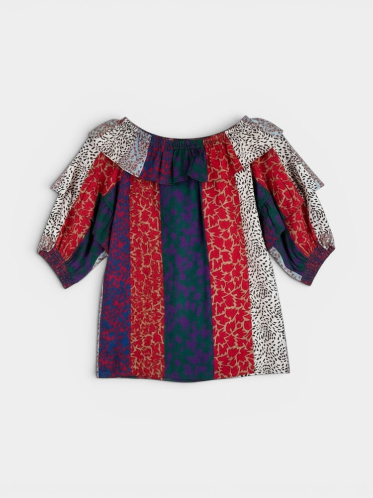 Patchwork Print Ruffle Blouse