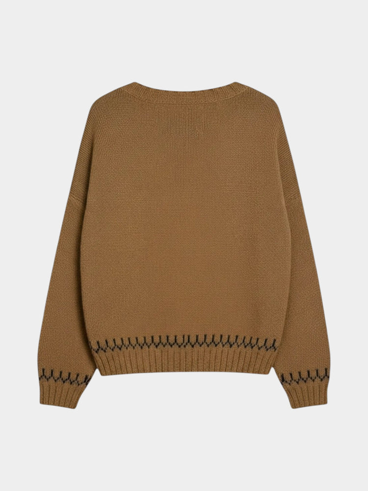 Camel Brown Horse Intarsia Knit Cardigan