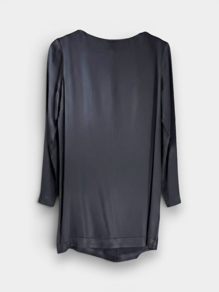 Black Satin-Finish Long Sleeve Shift Dress