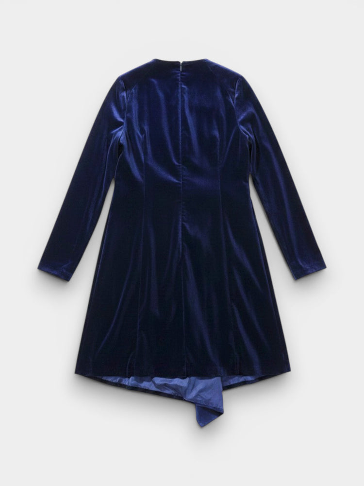 Navy Velvet Long-Sleeve Asymmetric Mini Dress