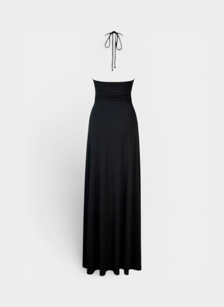 Black Halter Maxi Dress with Gathered Neckline