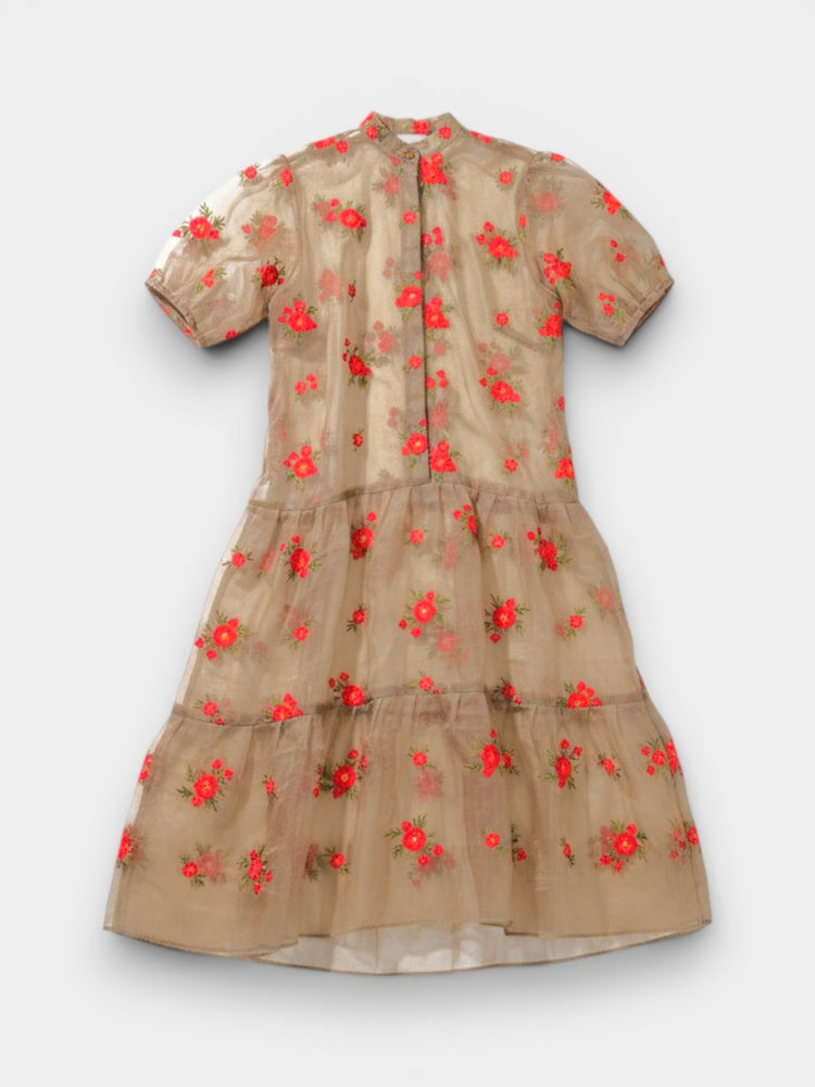 Beige Sheer Organza Floral Embroidered Tiered Midi Dress