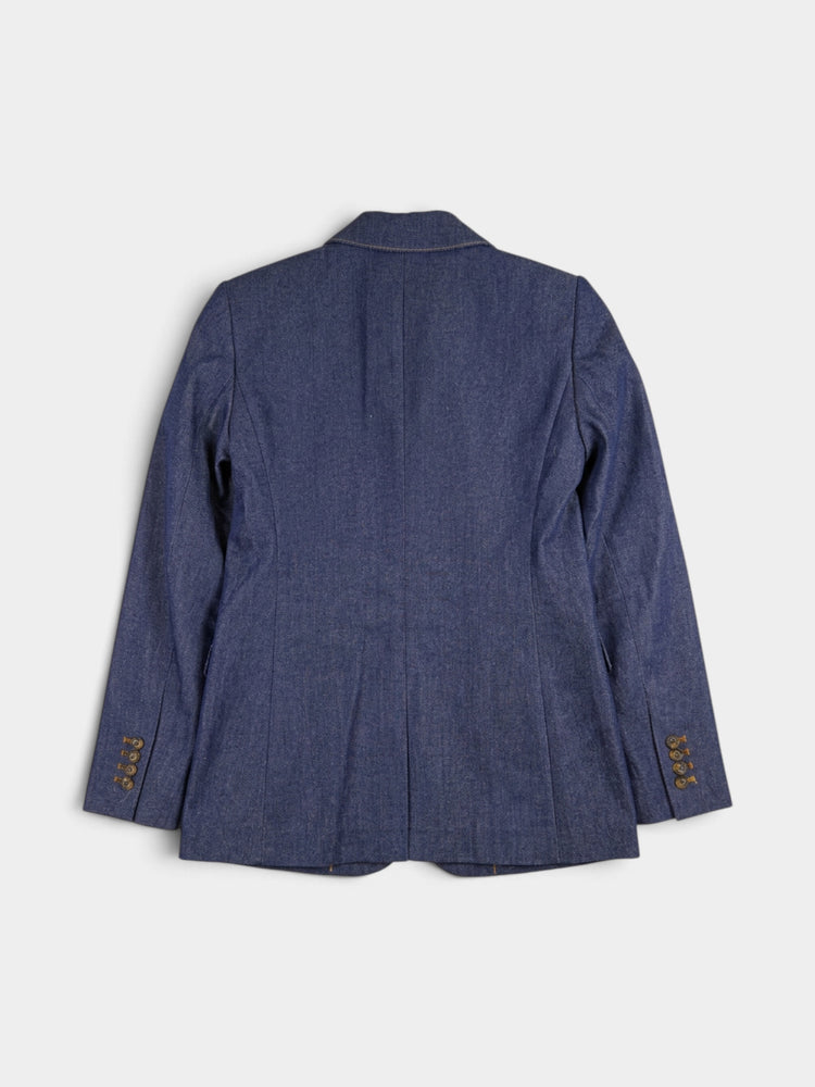 Navy Blue Chambray Denim Double Breasted Tailored Blazer